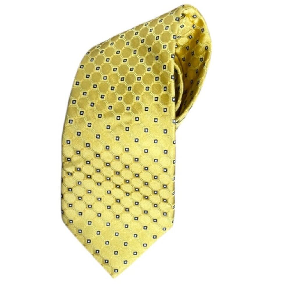 Tommy Hilfiger Extra Long Silk Tie Yellow Navy Geometric Medallion 67.5”